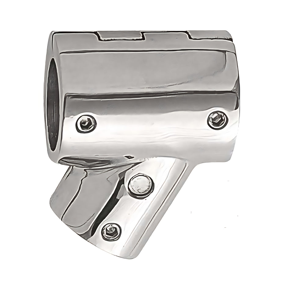 Giunto a T apribile con inclinazione a 60 gradi in acciaio inox AISI 316 da fusione per corrimano e pulpiti nautici, diametri 22mm e 25mm.