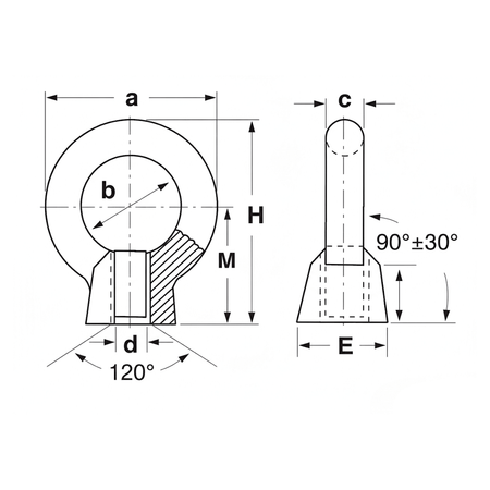 Scheda tecnica golfare femmina DIN inox 316 Ø 12 mm con dimensioni a, b, c, d, E, H, M e angoli | Onautica