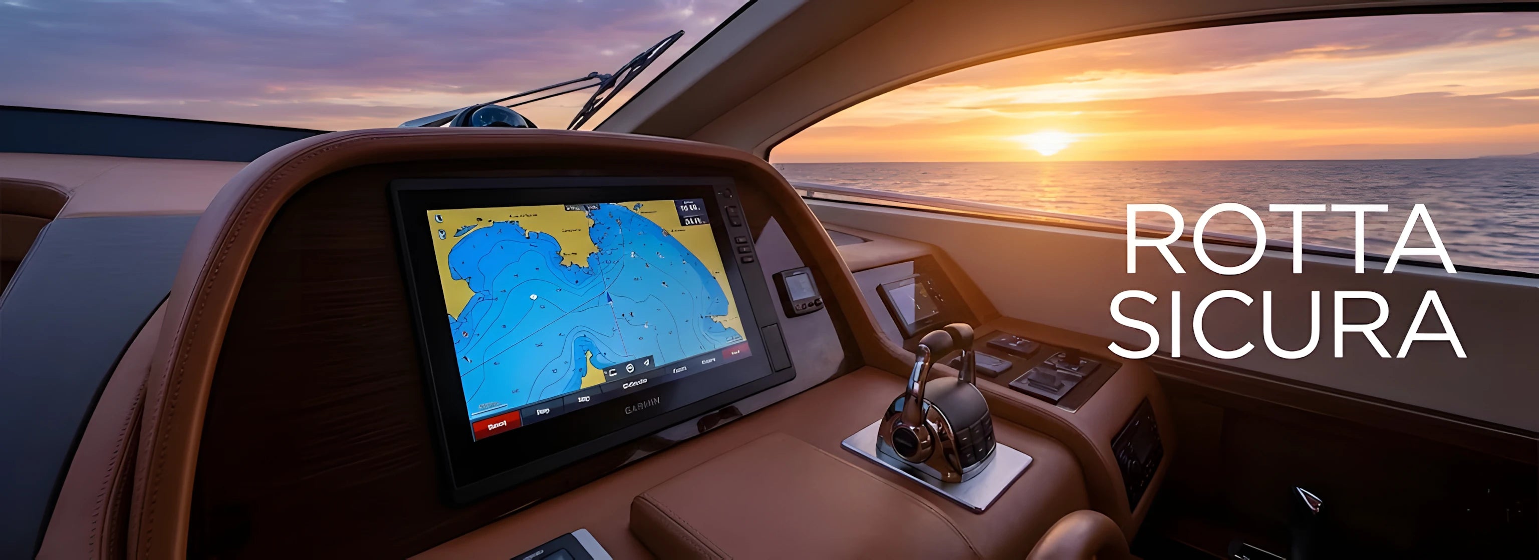 GPS Garmin cartografico installato su plancia di comando di una barca al tramonto, display nitido con rotta marittima.