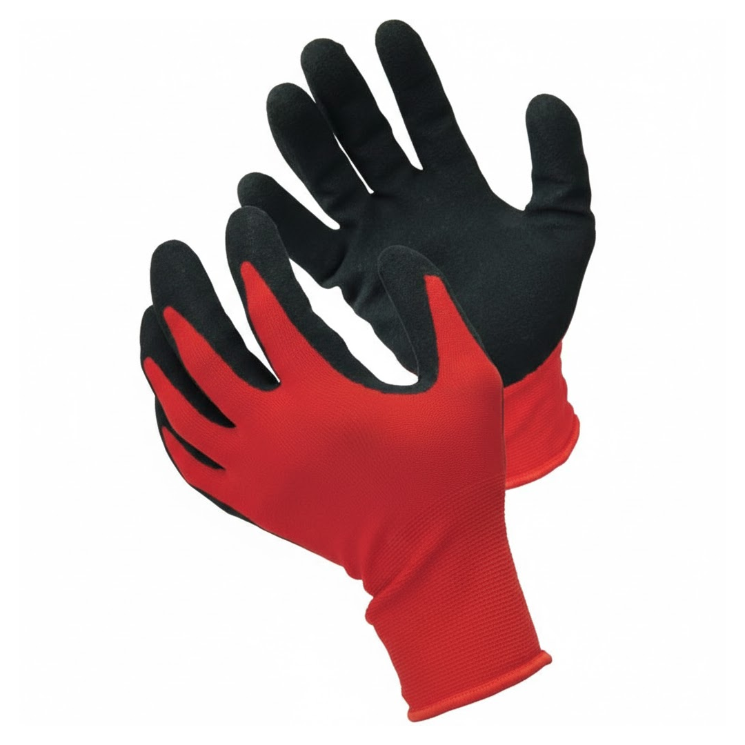 Guanti da lavoro WorkIt in nylon rosso con palmo in nitrile nero sabbiato antiscivolo.
