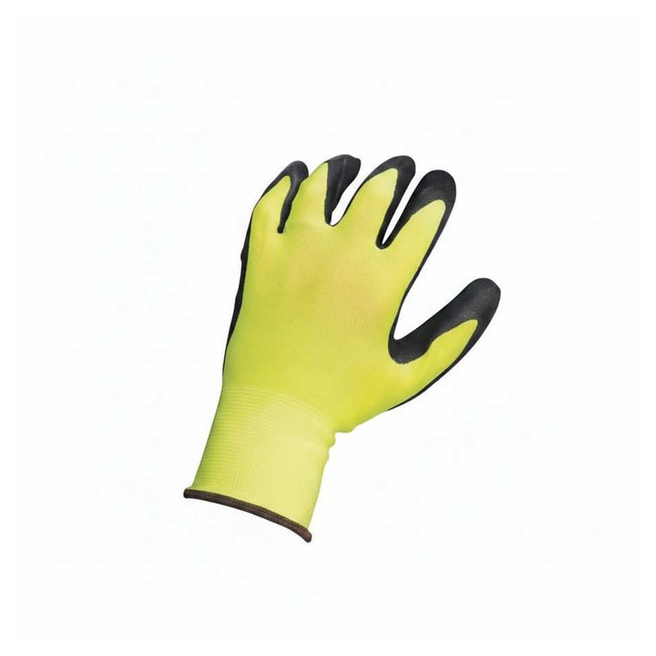 Guanti da lavoro WorkIt in maglia gialla con palmo in lattice nero rugoso antiscivolo.