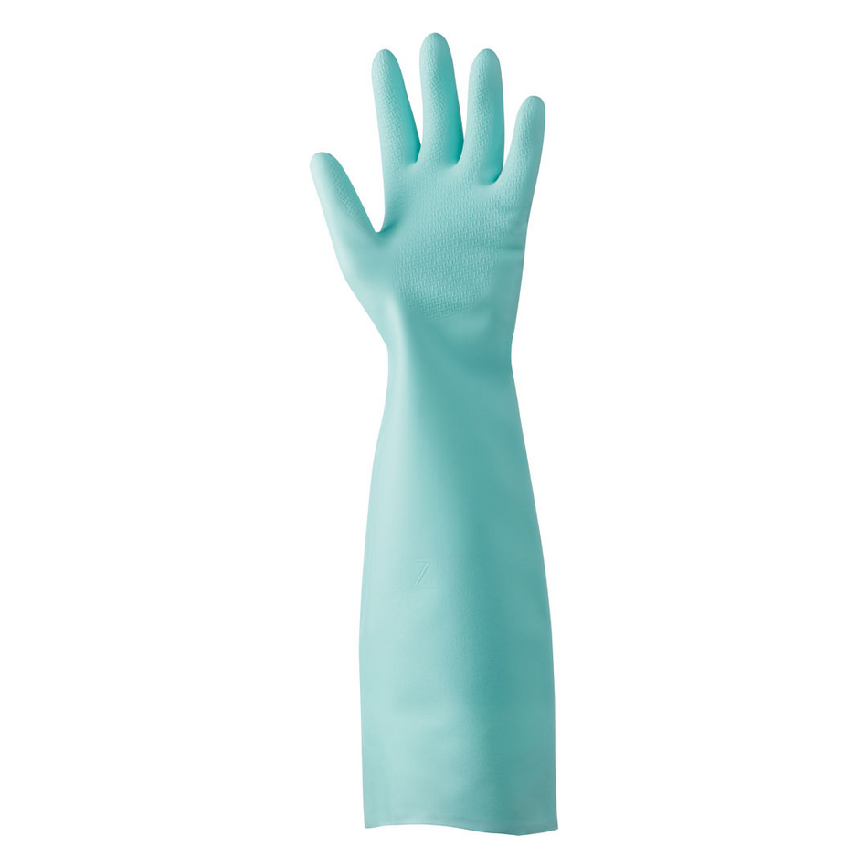 Guanti lunghi in nitrile verde per pesca professionale e lavorazione pesce.