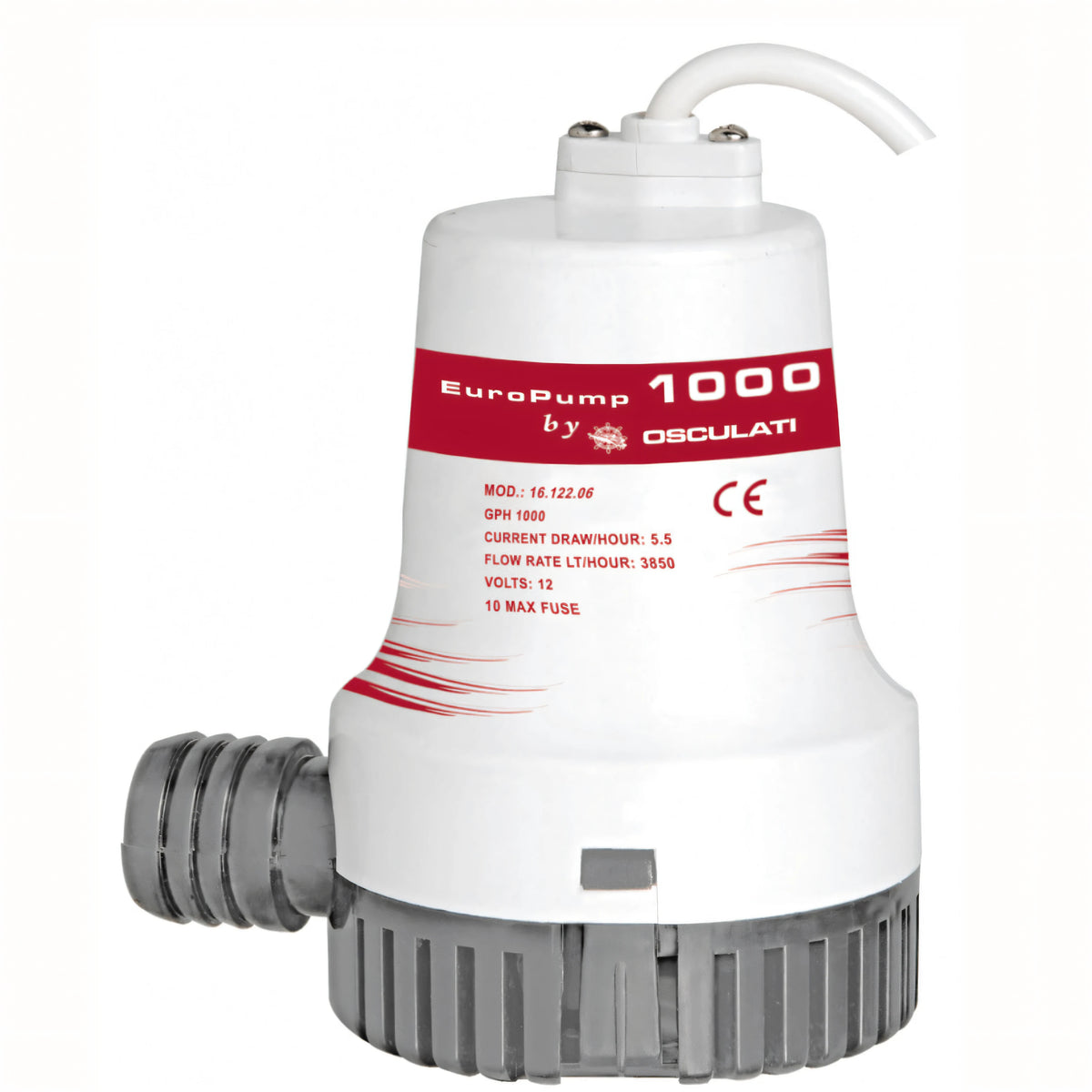 Pompa di sentina Osculati EuroPump 1000 12V bianca e grigia con attacco tubo flessibile | Onautica