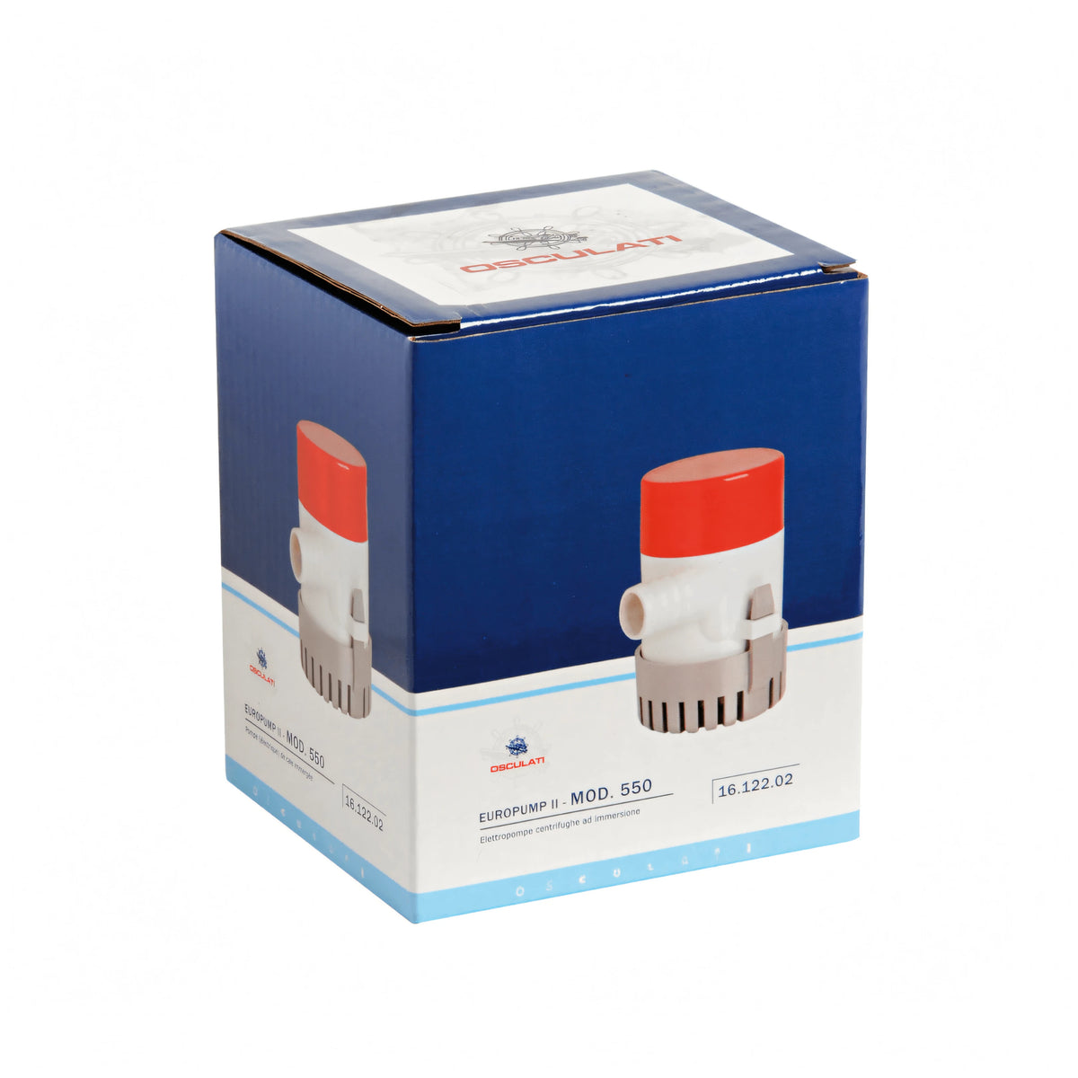 Confezione blu pompa di sentina ad immersione Osculati Europump II Mod. 550, corpo bianco e grigio, cappuccio rosso | Onautica