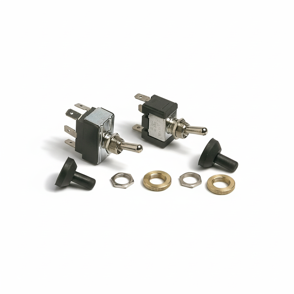 Interruttore a levetta in metallo per quadri elettrici nautici e automotive, disponibile in varie funzioni.