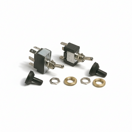 Interruttore a levetta in metallo per quadri elettrici nautici e automotive, disponibile in varie funzioni.