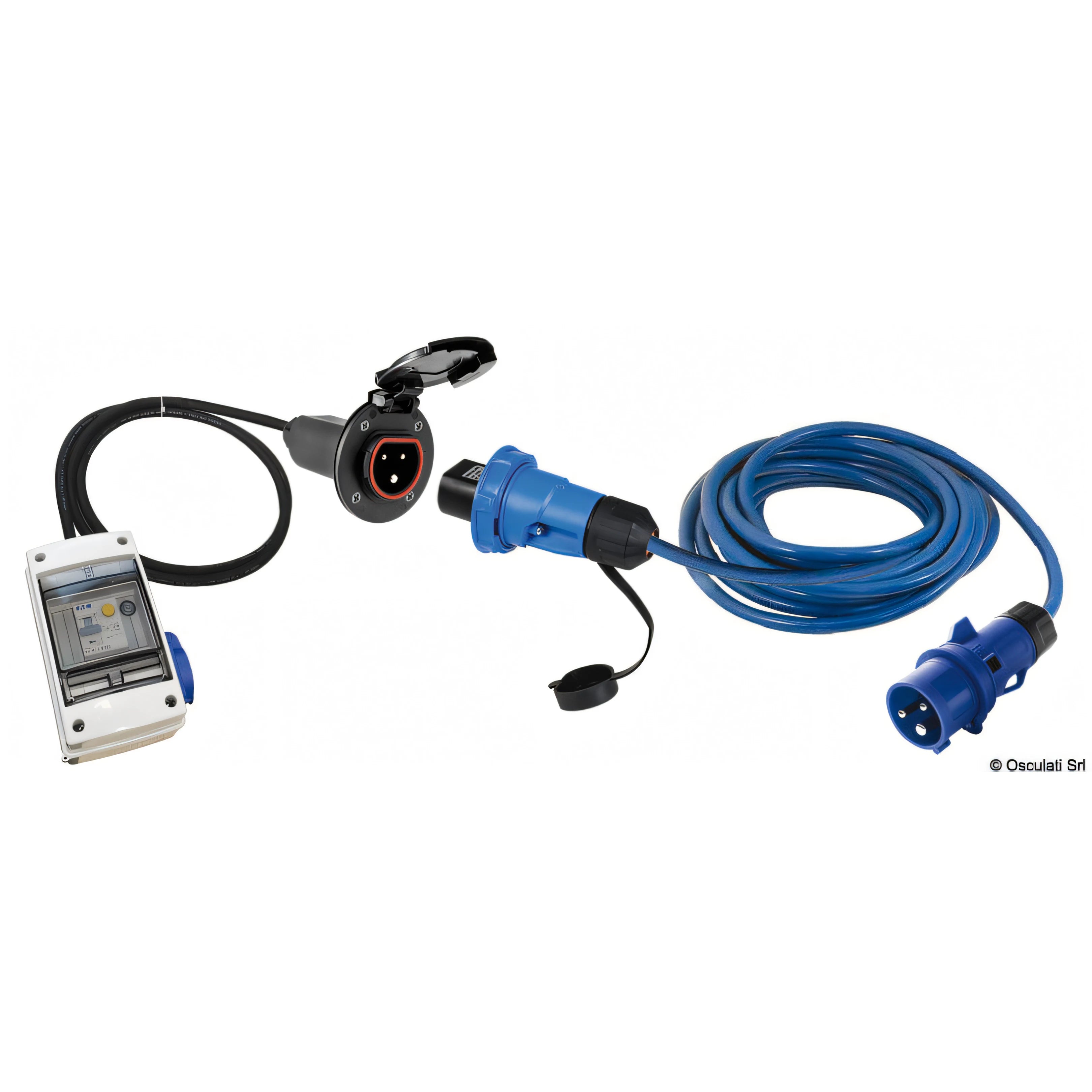 Kit quadro elettrico Osculati 220V da banchina con presa Cruiser nera in nylon, salvavita, magnetotermico e cavo blu