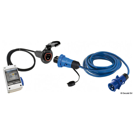 Kit quadro elettrico Osculati 220V da banchina con presa Cruiser nera in nylon, salvavita, magnetotermico e cavo blu