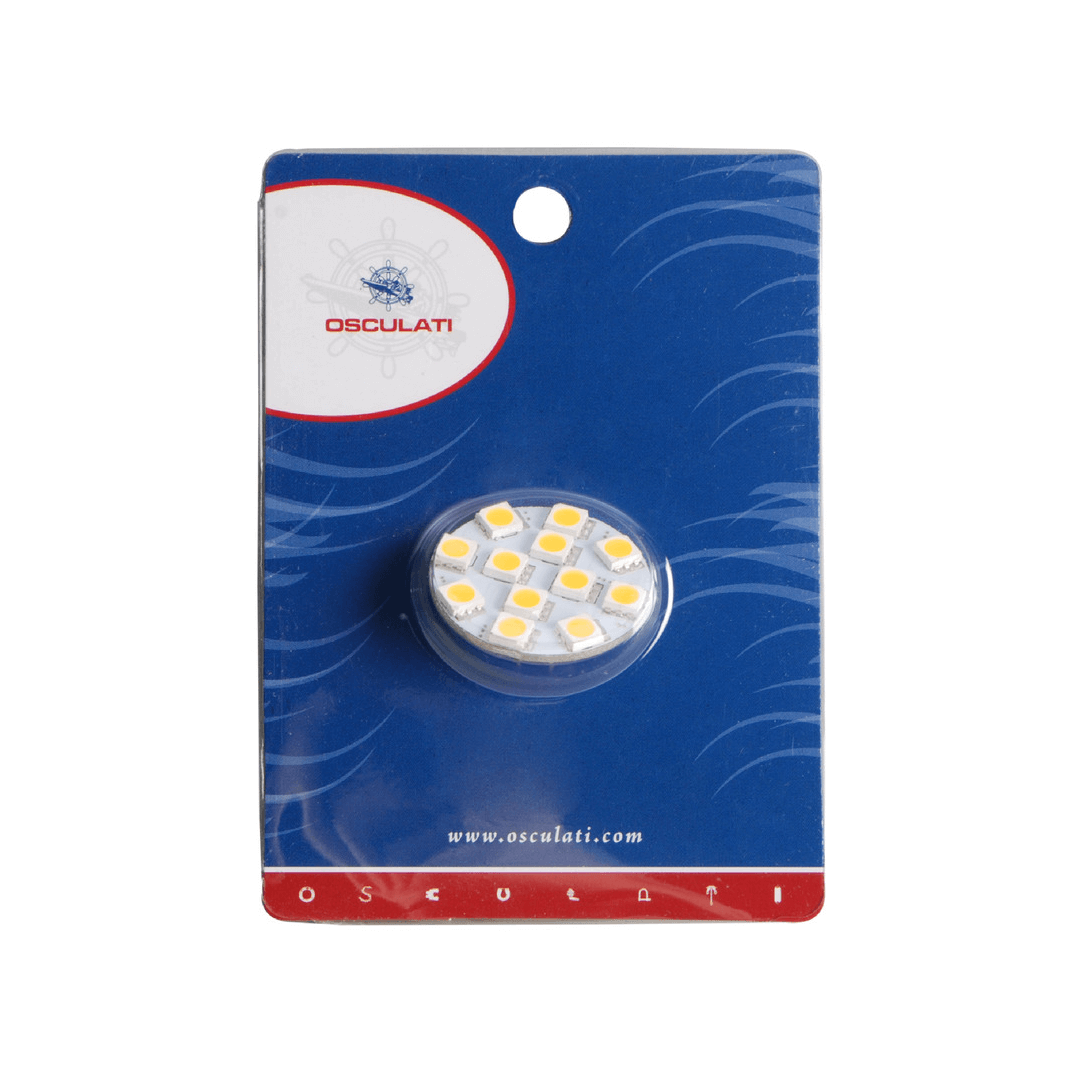 Lampadina LED rotonda con attacco G4 a due pin, luce calda 2700K per nautica e camper.