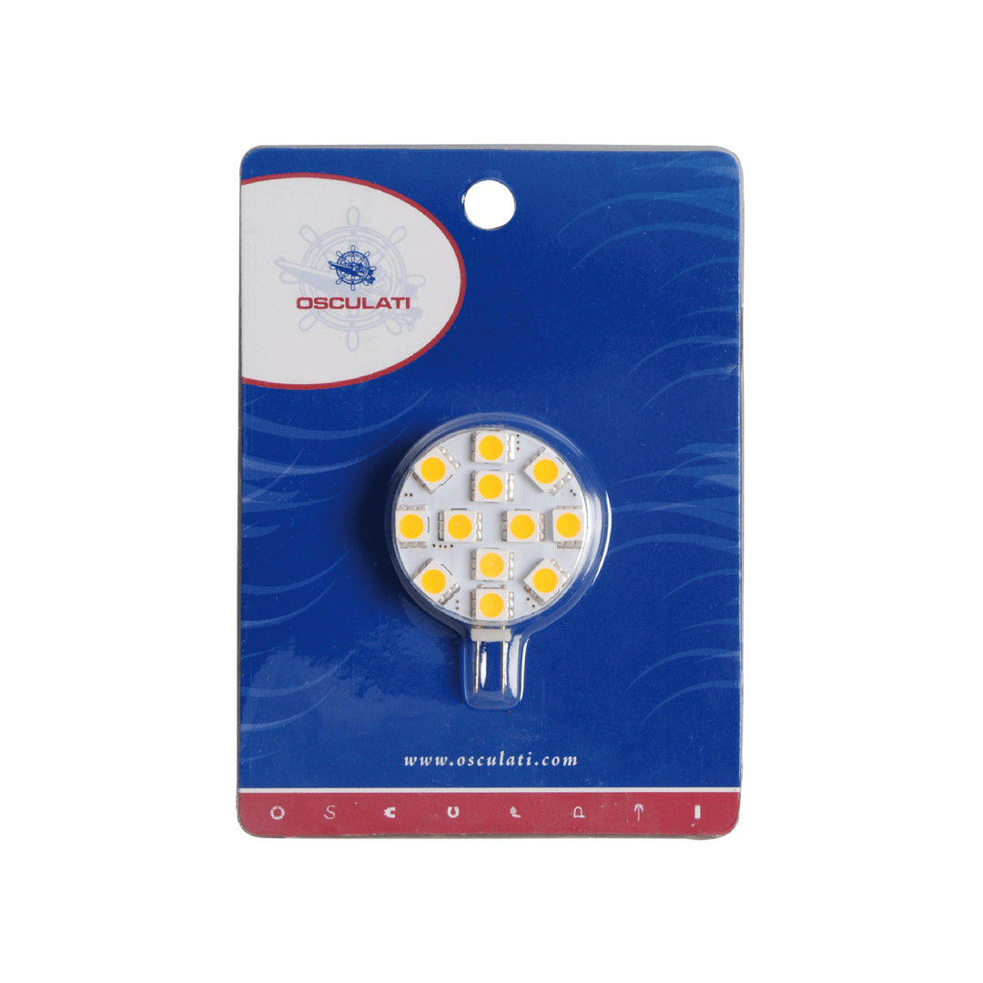 Lampadina LED rotonda con attacco G4 a due pin, luce calda 2700K per nautica e camper.