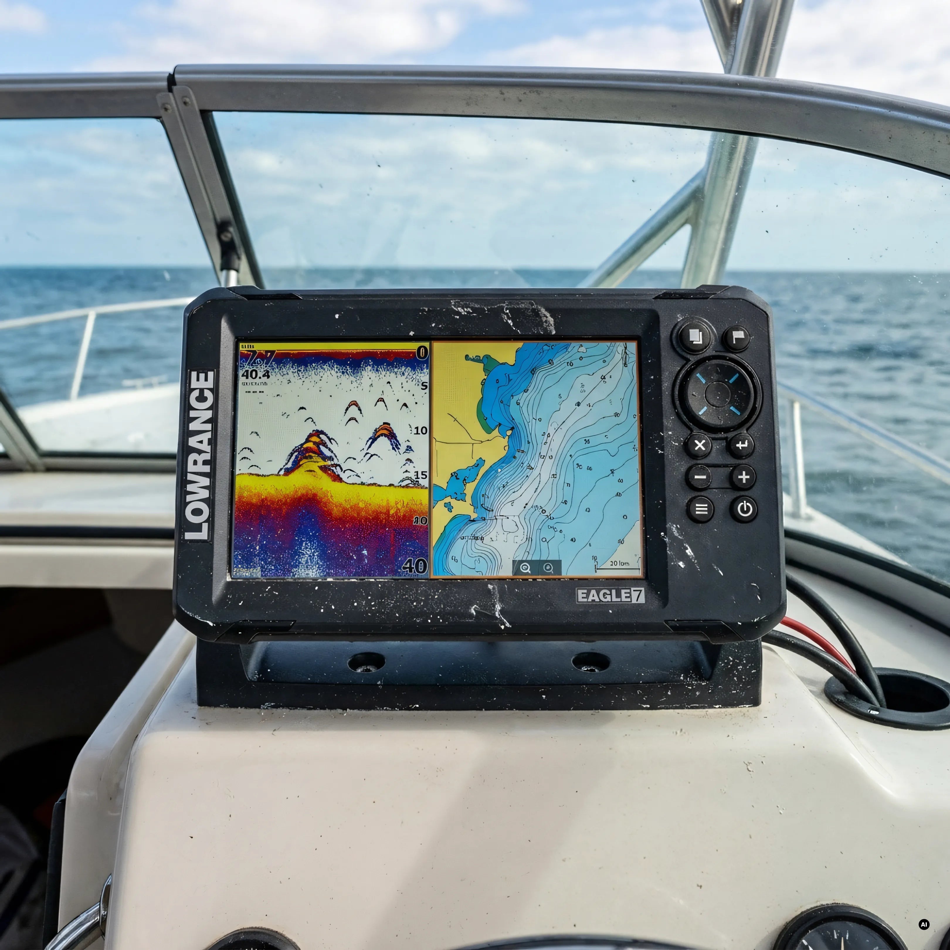 lowrance eagle 7 fishfinder gps cartografico 7 con chirp downscan sidescan e c map — in uso a bordo