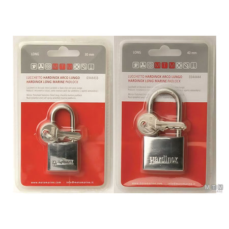 Lucchetto Hardinox arco lungo in acciaio inox lucidato a specchio per nautica disponibile in 3 misure 30 40 e 50 mm inattaccabile dalla salsedine