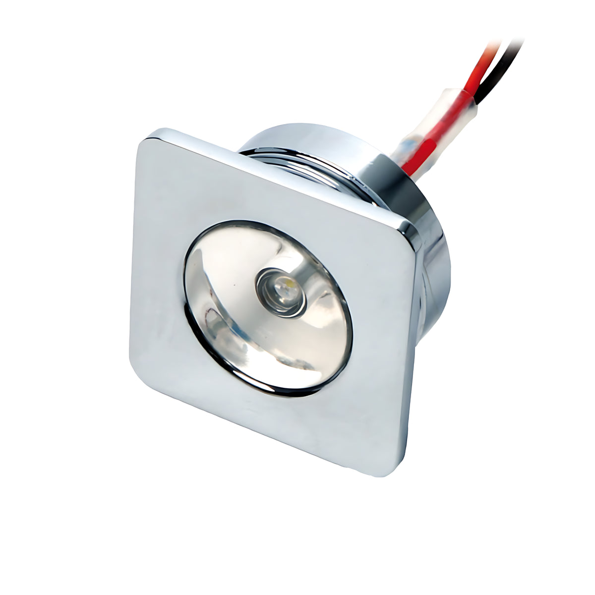 Luce di cortesia nautica a LED da incasso, forma quadrata in ottone cromato, protezione IP65. Ideale come segnapasso, disponibile con luce bianca o blu.