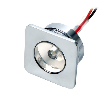 Luce di cortesia nautica a LED da incasso, forma quadrata in ottone cromato, protezione IP65. Ideale come segnapasso, disponibile con luce bianca o blu.