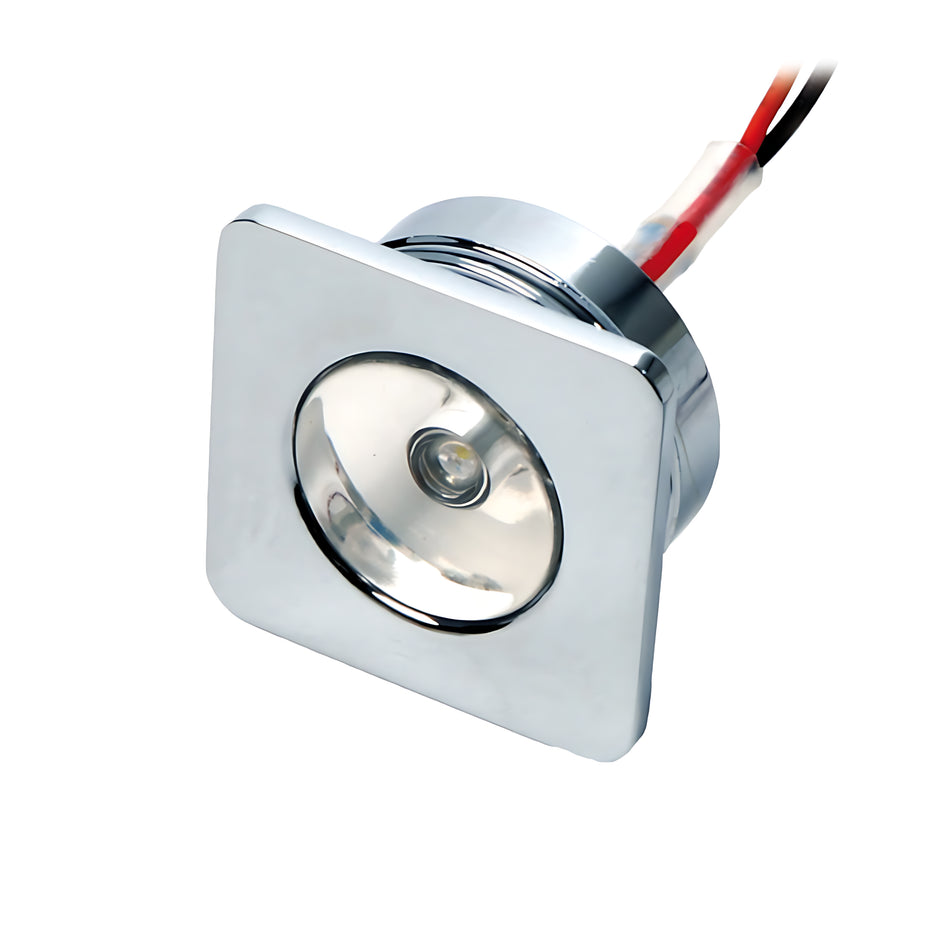 Luce di cortesia nautica a LED da incasso, forma quadrata in ottone cromato, protezione IP65. Ideale come segnapasso, disponibile con luce bianca o blu.