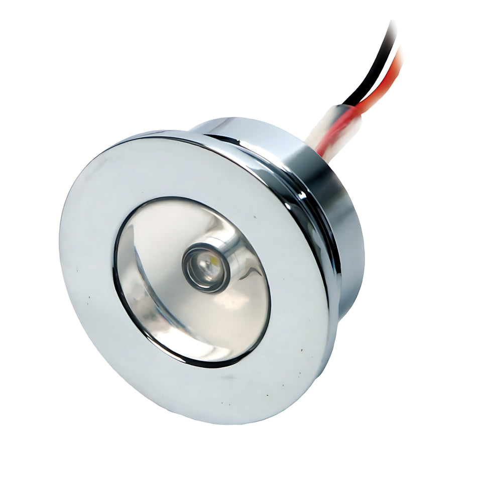 Luce di cortesia nautica a LED da incasso, forma tonda in ottone cromato, protezione IP65. Ideale come segnapasso, disponibile con luce bianca o blu.