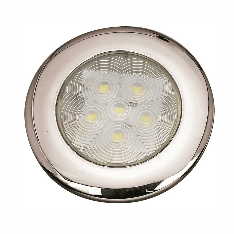 Luce di cortesia LED per barca modello Round Top in acciaio inox, forma tonda, montaggio a superficie.