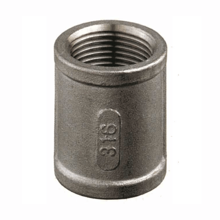 Manicotto filettato internamente in acciaio inox AISI 316 per giunzioni di tubazioni idrauliche nautiche.