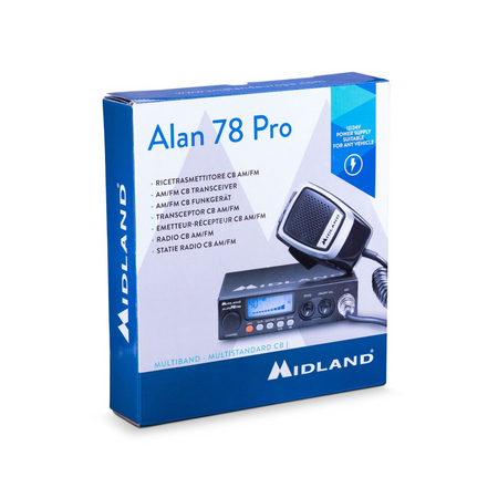 Ricetrasmettitore CB Midland Alan 78 Pro multibanda compatto per camion e autotreni con display blu.