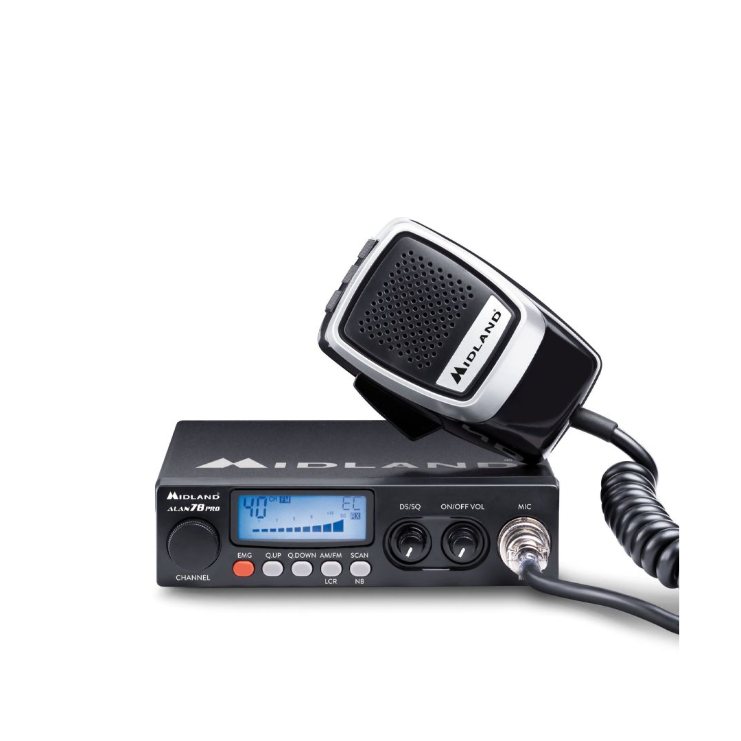 Ricetrasmettitore CB Midland Alan 78 Pro multibanda compatto per camion e autotreni con display blu.