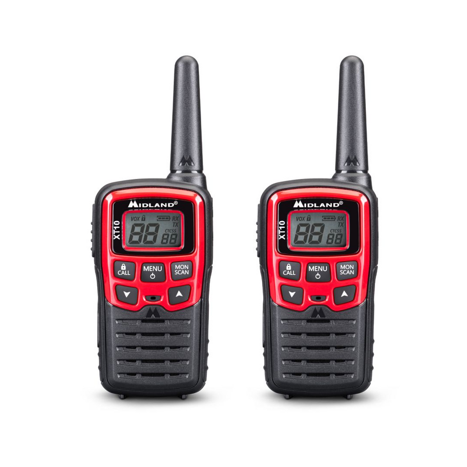 Coppia di walkie talkie Midland XT10 colore rosso, compatti e leggeri per comunicazioni fino a 4 km.