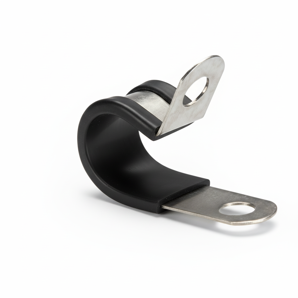 Morsetto fermacavo e fermatubo gommato con banda in acciaio inox AISI 304 per il fissaggio sicuro di impianti di bordo.