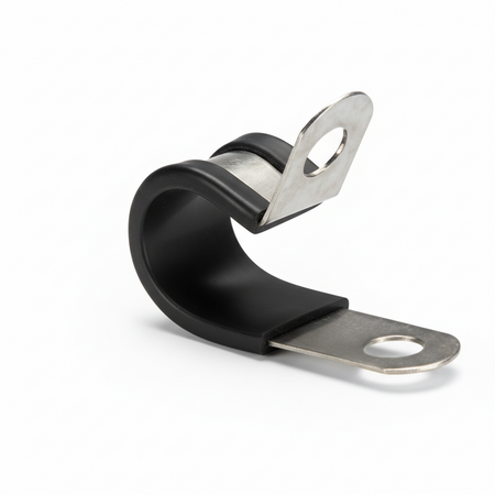 Morsetto fermacavo e fermatubo gommato con banda in acciaio inox AISI 304 per il fissaggio sicuro di impianti di bordo.