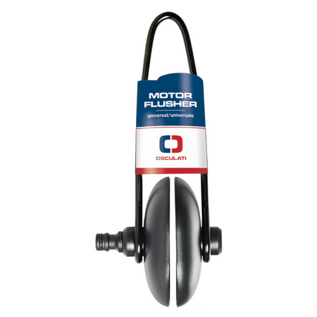 Motor Flusher universale con cuffie ovali, ideale per lavaggio motori fuoribordo con fessure di raffreddamento estese, completo di attacco rapido per tubo acqua.