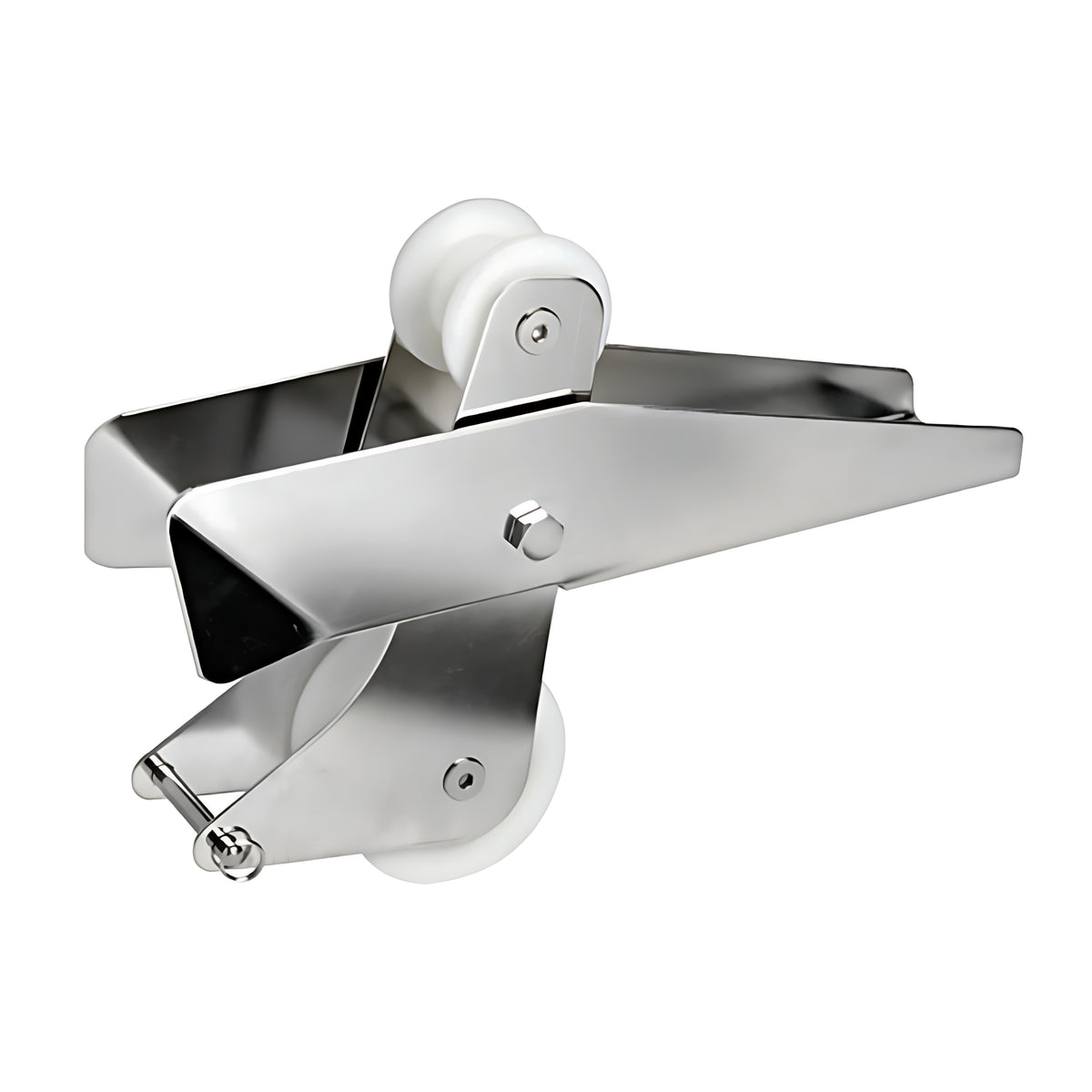 Musone di prua a bascula in acciaio inox AISI 316 con puleggia in nylon e spina di sicurezza, ideale per ancore fino a 14 kg.