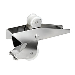 Musone di prua a bascula in acciaio inox AISI 316 con puleggia in nylon e spina di sicurezza, ideale per ancore fino a 14 kg.