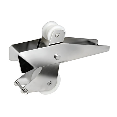 Musone di prua a bascula in acciaio inox AISI 316 con puleggia in nylon e spina di sicurezza, ideale per ancore fino a 14 kg.