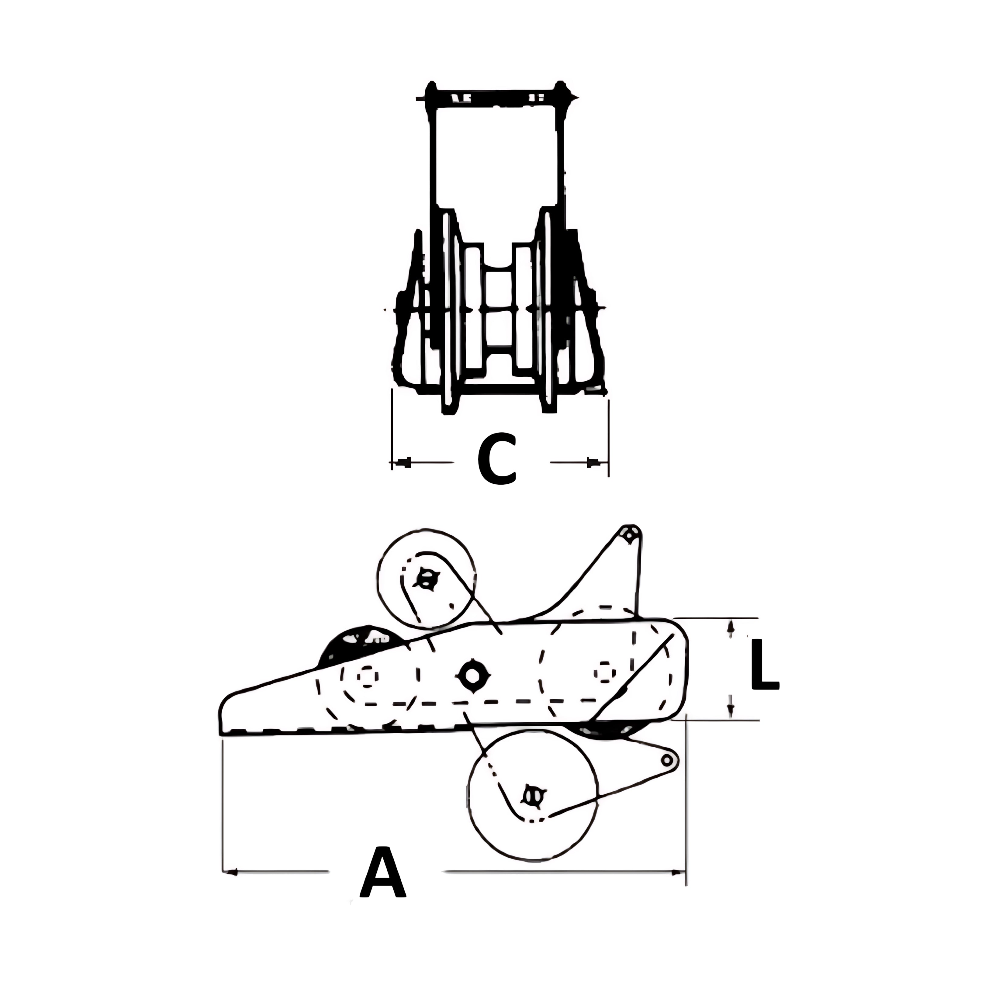 Musone di prua a bascula in acciaio inox AISI 316 con puleggia in nylon e spina di sicurezza, ideale per ancore fino a 14 kg.