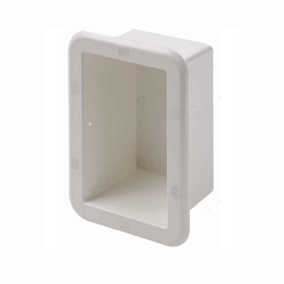 Nicchia a incasso in plastica bianca per doccette e staccabatterie, disponibile con o senza sportello.