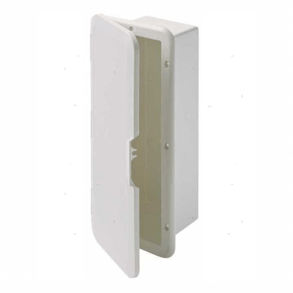 Nicchia a incasso rettangolare bianca in plastica, ideale come porta estintore o vano portaoggetti.