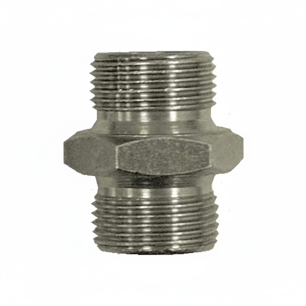 Nipple adattatore maschio-maschio in acciaio al carbonio per impianti oleodinamici.