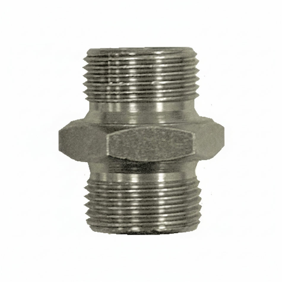 Nipple adattatore maschio-maschio in acciaio al carbonio per impianti oleodinamici.