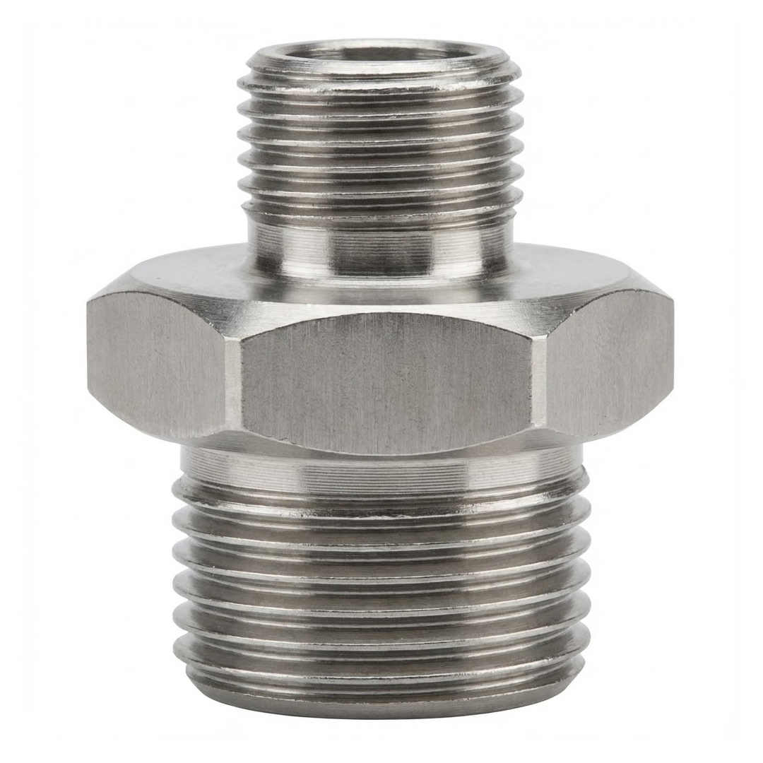 Nipple ridotto maschio-maschio in acciaio al carbonio per collegare tubi oleodinamici di diametri diversi.