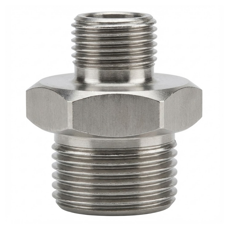 Nipple ridotto maschio-maschio in acciaio al carbonio per collegare tubi oleodinamici di diametri diversi.