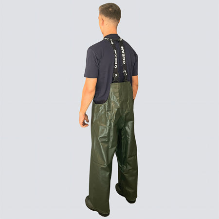 OCEAN® Offshore Heavy Bib & Braces, salopette da lavoro in PVC ignifugo, colore verde oliva