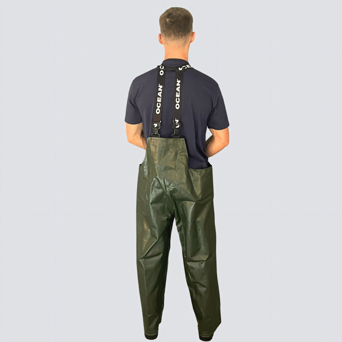 OCEAN® Offshore Heavy Bib & Braces, salopette da lavoro in PVC ignifugo, colore verde oliva
