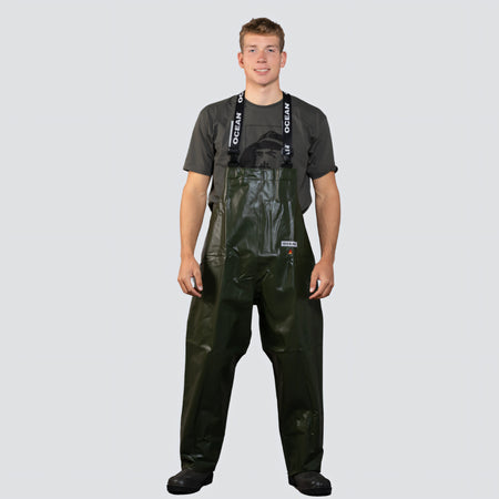 OCEAN® Offshore Pro Bib & Braces, salopette da lavoro in PVC ignifugo, colore verde oliva