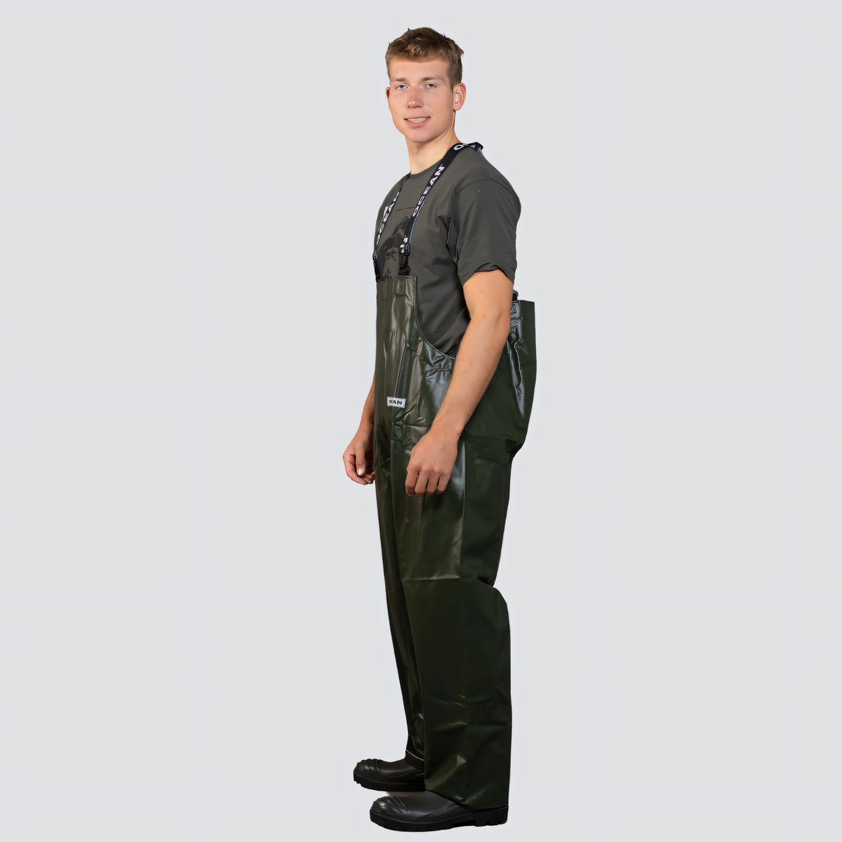 OCEAN® Offshore Pro Bib & Braces, salopette da lavoro in PVC ignifugo, colore verde oliva