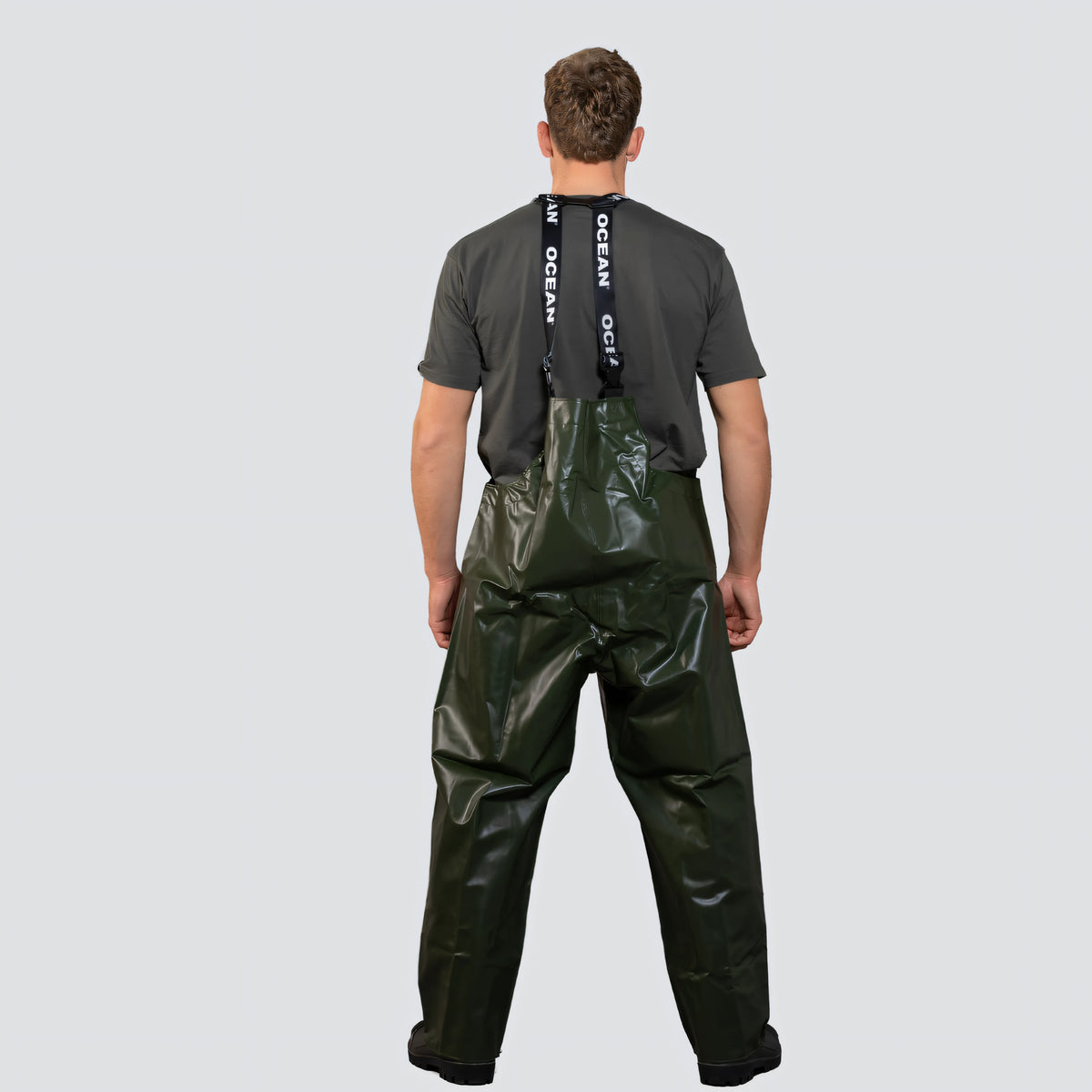 OCEAN® Offshore Pro Bib & Braces, salopette da lavoro in PVC ignifugo, colore verde oliva