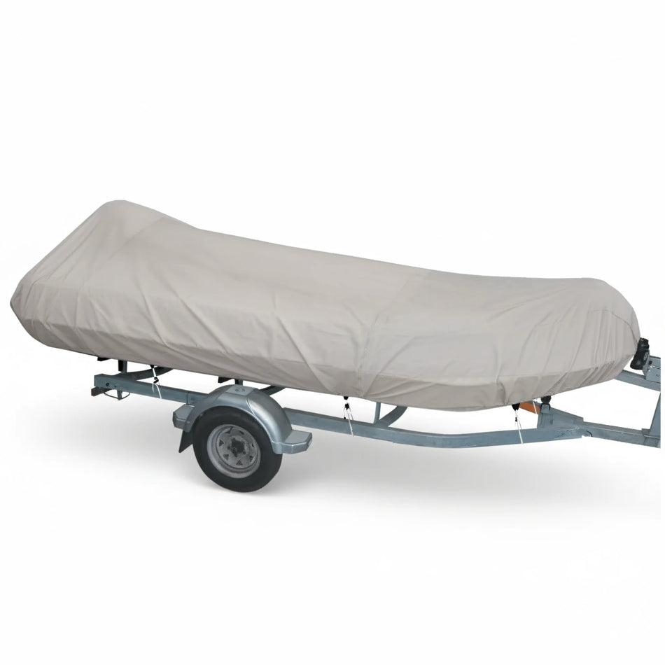 Telo copribarca Oceansouth grigio montato su gommone fermo sul carrello, tessuto Atlas 280 g/m² | Onautica