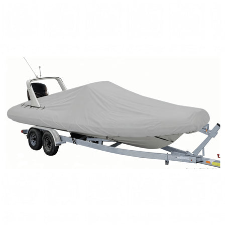 Telo coprigommone sartoriale Oceansouth grigio montato su gommone RIB con roll-bar, fermo sul carrello | Onautica