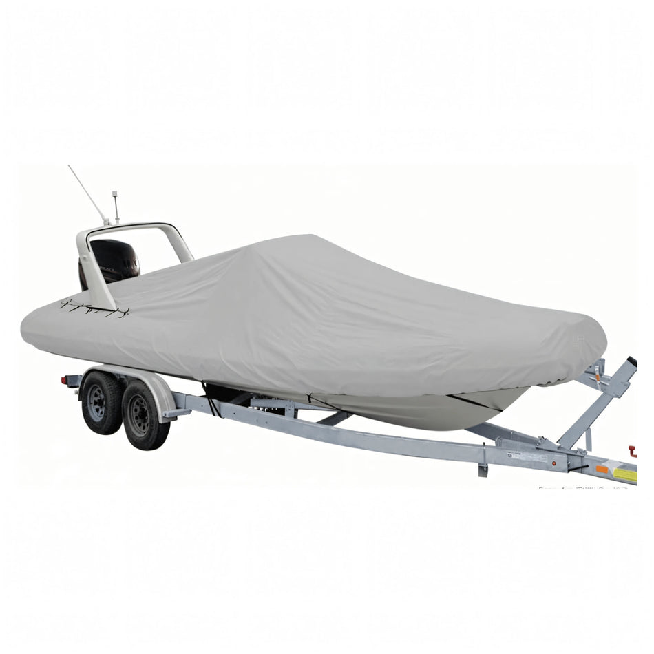 Telo coprigommone sartoriale Oceansouth grigio montato su gommone RIB con roll-bar, fermo sul carrello | Onautica