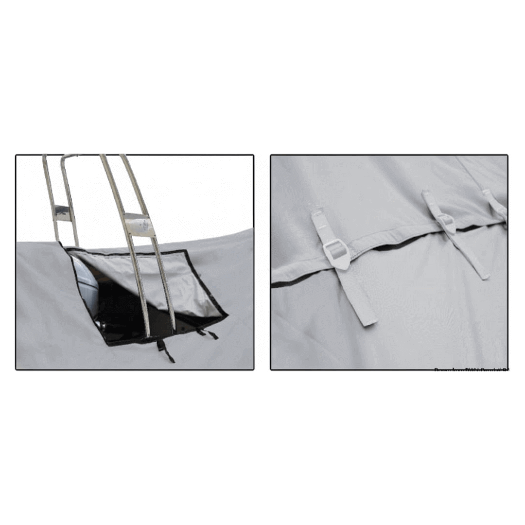 Telo Copribarca Invernale Oceansouth Atlas™ Ultra Resistente, progettato per gommoni a chiglia rigida (RIB), cruiser e barche cabinato con roll-bar/archi di poppa. dettagli