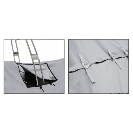 Telo Copribarca Invernale Oceansouth Atlas™ Ultra Resistente, progettato per gommoni a chiglia rigida (RIB), cruiser e barche cabinato con roll-bar/archi di poppa. dettagli