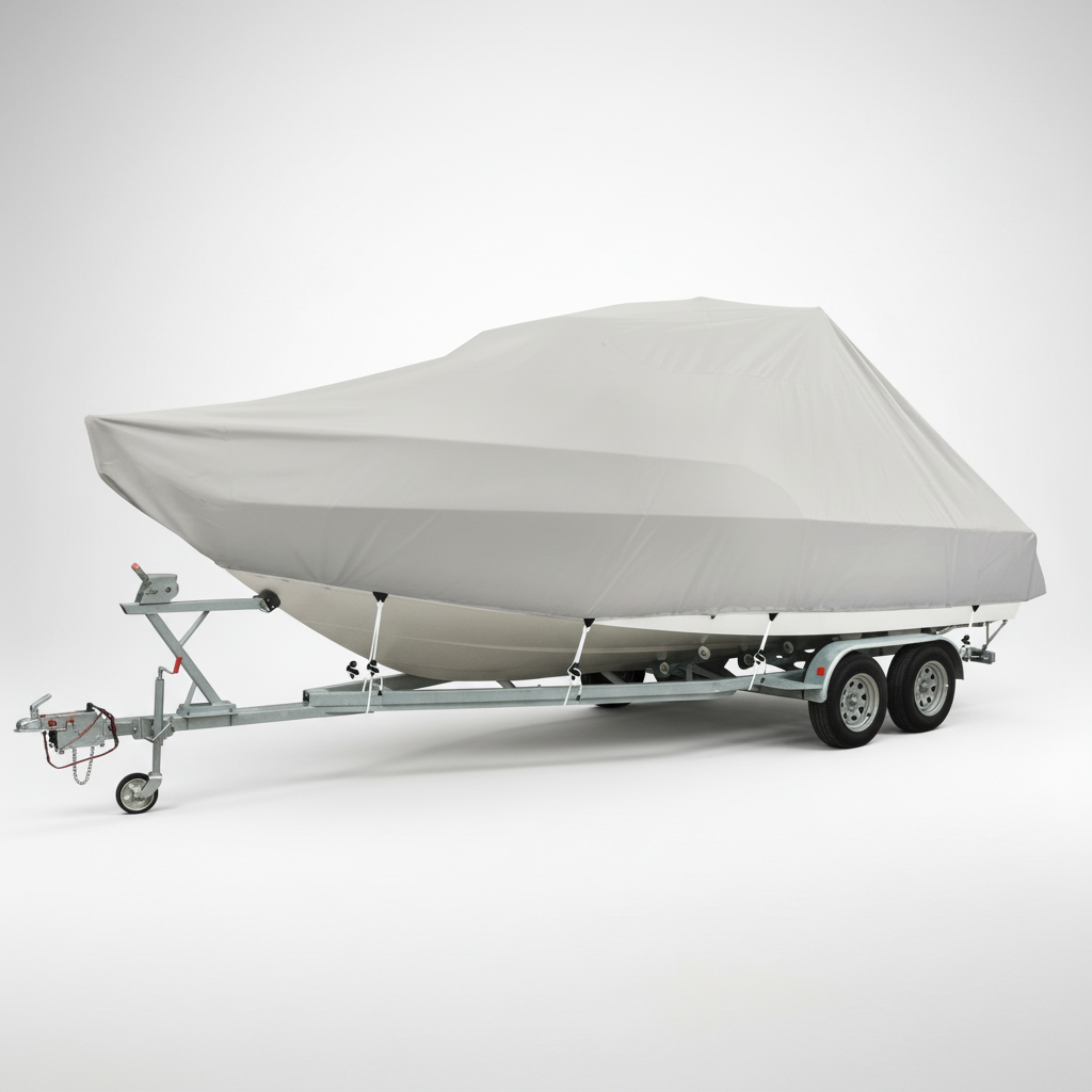 Telo Copribarca Oceansouth Jumbo, design universale per barche grandi con parabrezza e roll-bar, ideale per stoccaggio e trasporto su rimorchio.