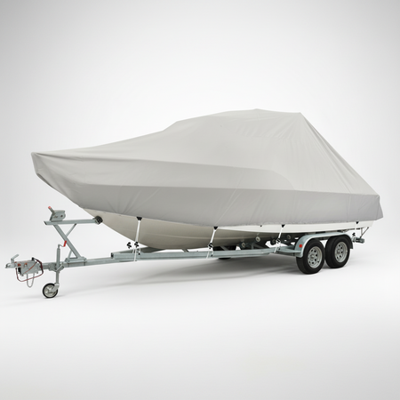 Telo Copribarca Oceansouth Jumbo, design universale per barche grandi con parabrezza e roll-bar, ideale per stoccaggio e trasporto su rimorchio.